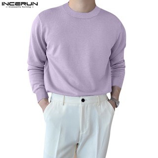 Incerun เสื้อยืดคอกลม แขนยาว สีพื้น สไตล์เกาหลี สําหรับผู้ชาย