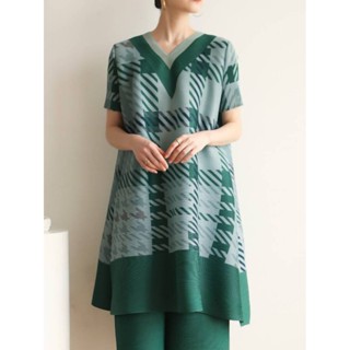 2MUAY PLEAT DRESS เดรสอัดพลีทคุณภาพ รุ่น GJO4010D 3สี FREE SIZE V NECK PLAID PRINTED PLEAT DRESS