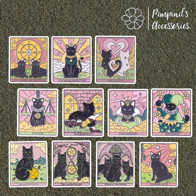 ʕ •ᴥ•ʔ พร้อมส่ง : เข็มกลัดเซ็ททาโรต์แมวดำ | Black Cat Tarot Card Enamel Brooch Pin Set.