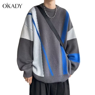 OKADY เสื้อสเวตเตอร์ผู้ชายแฟชั่นสไตล์เกาหลีเสื้อถักทรงหลวมลำลองรุ่นคู่รักลายทางเสื้อผ้าผู้ชายทุกชุด