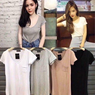 พร้อมส่ง1️⃣5️⃣0️⃣เสื้อยืดคอวี กระเป๋าหน้า ผ้าเรย่อน งานป้าย