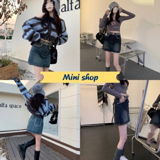 Mini shop🌸พร้อมส่ง🌸(9228)  กระโปรงยีนส์ เอวสูง ทรงเอ มีกางเกงซับในใส่สบายเท่สุดๆ-NZ