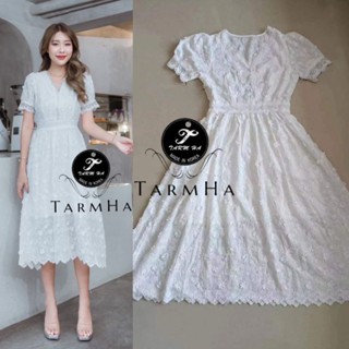 3Dรับงานบุญ!!! S-6XL Dress เดรสสีขาวปักดอกไม้3มิติแขนพอง งานป้าย Tarm Ha