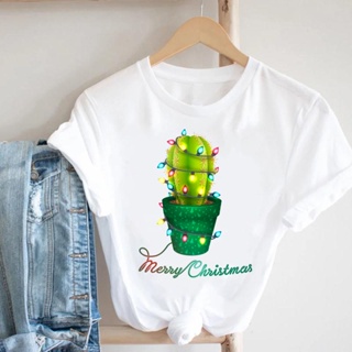 T-Holiday Cactus Plant 90s Merry Christmas New Year Tee Women Fashion Print Top Cartoon Graphic Women T-shirt