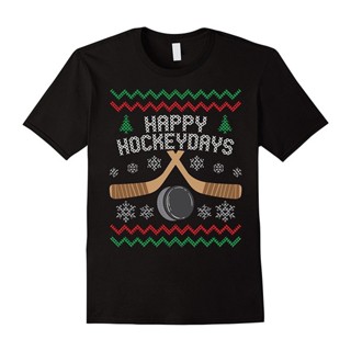 เสื้อยืดกันหนาว ผ้าฝ้าย พิมพ์ลาย Happy Hockeyday Ugly Christmas สําหรับผู้ชาย