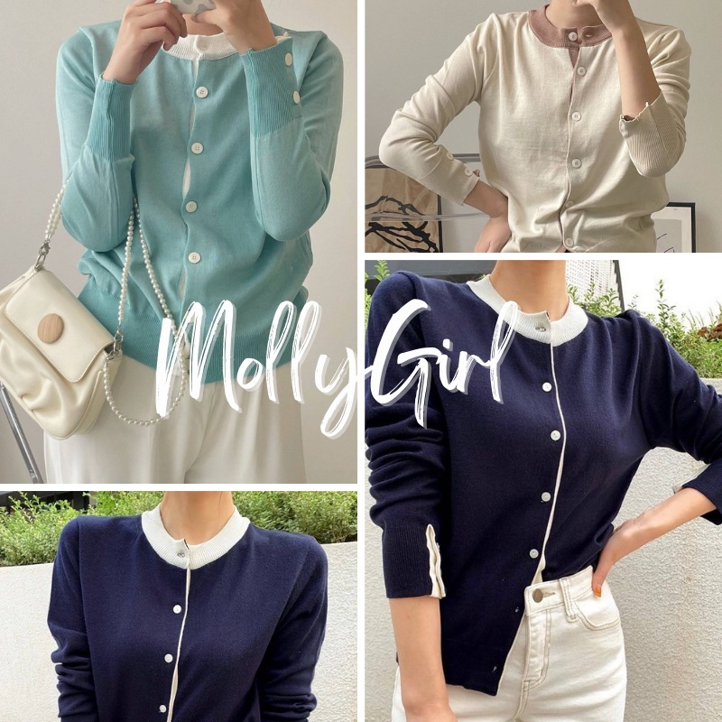 Mollygirl เสื้อไหมพรมแขนยาว แขนจั้มปลายแต่งกระดุม เสื้อคลุมหญิง
