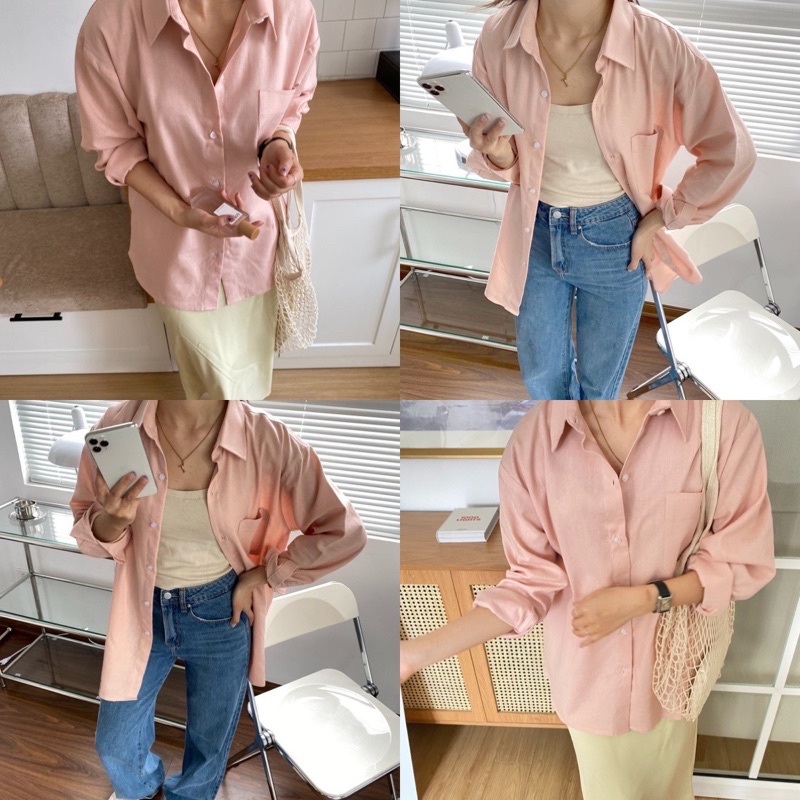 [ผ้าลินิน] [ภาพจริง] เสื้อเชิ้ตผู้หญิง - heebyohi - Salmon Pink Premium Linen (hebyohi)