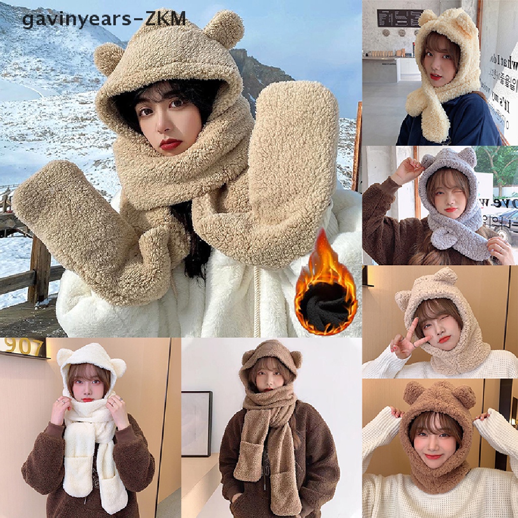 [gavinyearsmx] 3-in-1 หมวกผ้าพันคอ ผ้ากํามะหยี่ขนนิ่ม กันลม ลายหูหมีน่ารัก ให้ความอบอุ่น แฟชั่นฤดูหนาว สําหรับผู้หญิง 1 ชิ้น [mx]