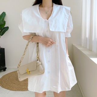 ชุดเดรสสั้นสีพื้น เดรสคอปก เดรส Oversize แขนตุ๊กตา