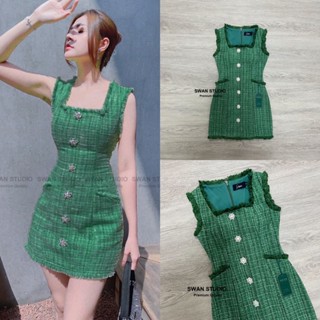 Dress ผ้าทวิตสีเขียวแต่งพู่