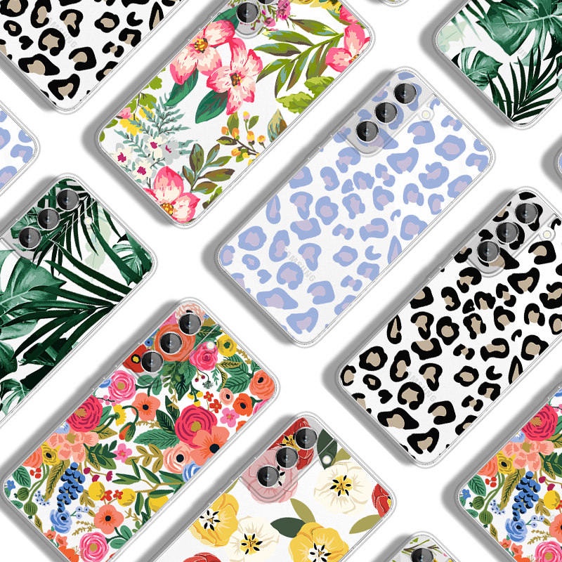 เคสโทรศัพท์มือถือแบบนิ่ม ใส ลายเสือดาว ดอกไม้ ใบไม้ เรียบง่าย สําหรับ Samsung S21 S22 Plus S22 Ultra S20 FE S21 FE 5G 2022