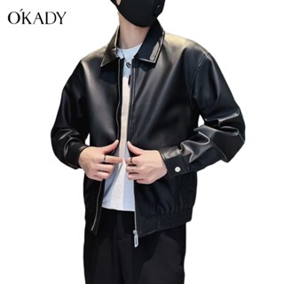 OKADY เสื้อหนังผู้ชายแฟชั่นใหม่ความรู้สึกระดับไฮเอนด์แจ็คเก็ต Lapel Tide แบรนด์สไตล์ถนนหลวมๆเสื้อลำลอง