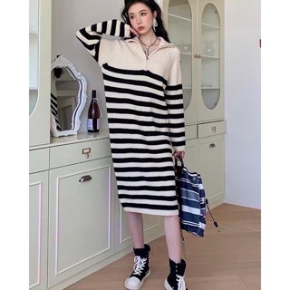 🌈🌿🌺🌸🌼🧡🤎🇰🇷Knit Stripe Zip Long Sleeve Maxi Dress