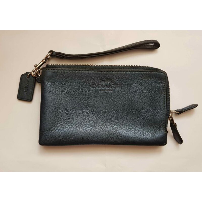 USED: แท้ กระเป๋าคล้องมือ กระเป๋าสตางค์ Coach 2 ซิป 2 ช่อง โค้ช ไซส์ S Small สีน้ำเงิน น้ำเงินเข้ม ก