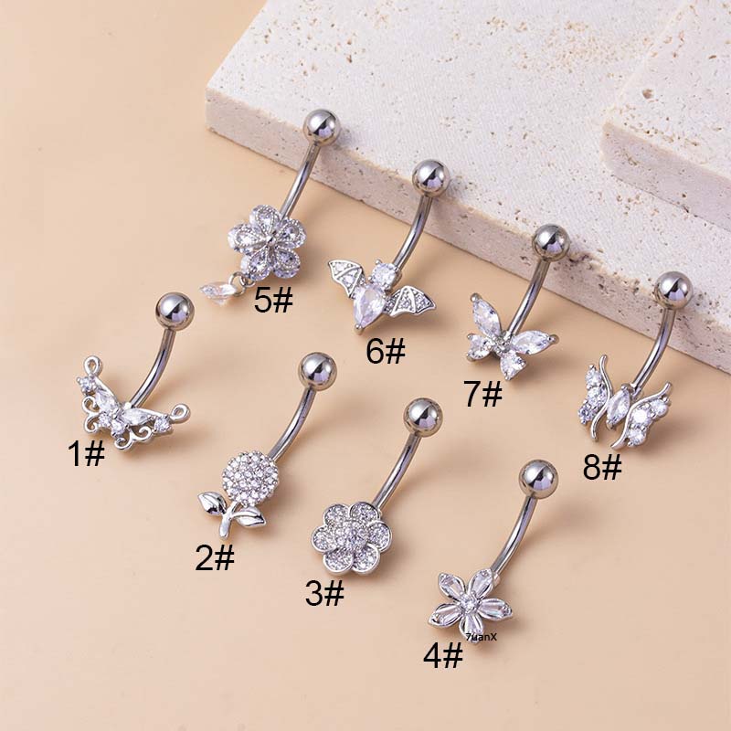 จิวสะดือ เจาะสะดือ สเตนเลส 14 เกจ รูปค้างคาว ผีเสื้อ ดอกไม้ ประดับเพทาย 1 ชิ้น