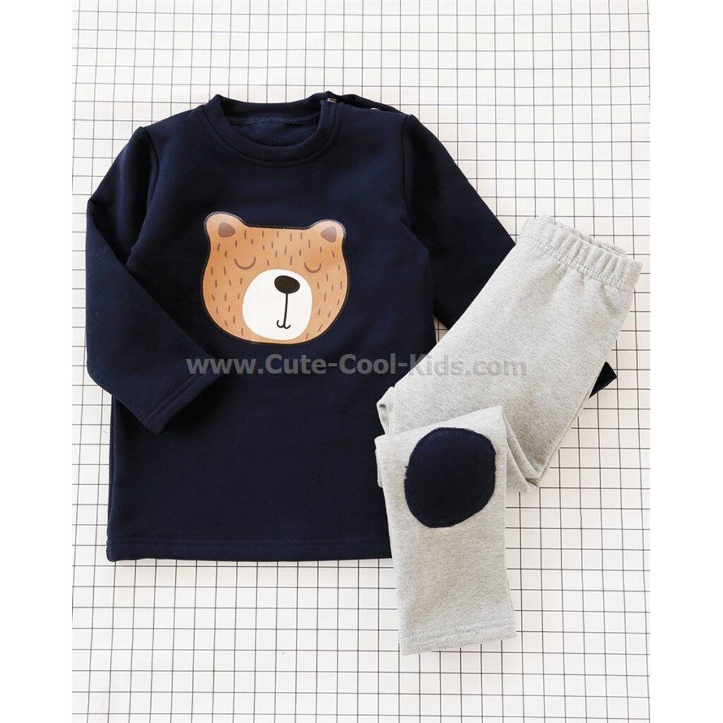 PJK-115 ชุดนอนเด็ก สีกรม Slim (ผ้าหนากันหนาว) ลายหมี Size-90 (1-2Y)