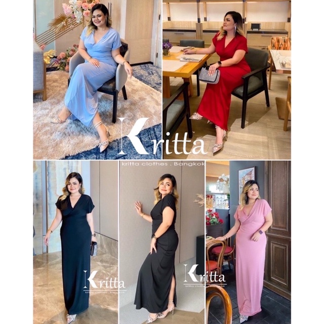 maxi dress ชุดเดรสออกงาน ชุดราตรี คอวี ดีไซย์จับจีบป้ายตรงใต้อก เดรสสาวอวบ เดรสไซต์ใหญ่ ไซต์ใหญ่ ชุดสาวอวบ