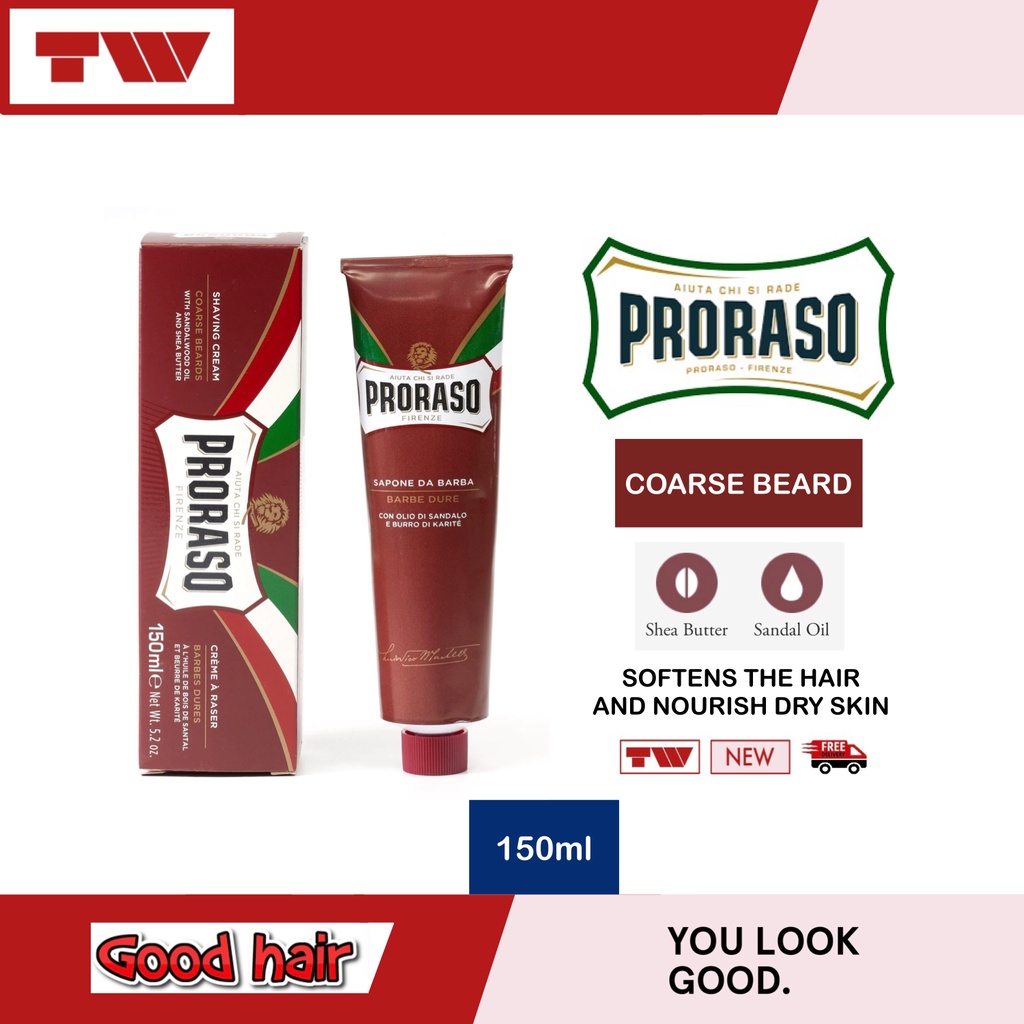 Proraso Red Shaving Cream for Coarse Beard with Sandalwood and Shea Butter 150ml. ครีมโกนหนวด