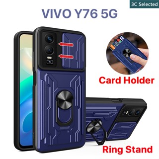 เคส VIVO Y76 5G Y12s Y12A Y11 เคสโทรศัพท์แบบมัลติฟังก์ชั่น ช่องเสียบการ์ด การป้องกันกล้อง ขาตั้งแหวนโลหะ Y35 Y33T Y33s Y31 Y22s Y22 Y21T Y21 Y20sG Y20s Y20 Y17 Y16 Y15 Y12