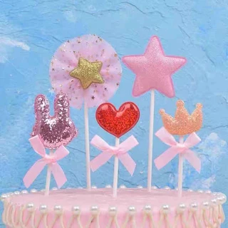 ป้ายปักเค้ก CAKE ป้ายตกแต่งเค้ก Happy Birthday อุปกรณ์ตกแต่งเค้กรูปหัวใจดาวมงกุฎกระต่าย5ชิ้น C26