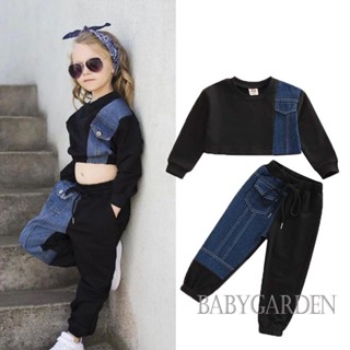 Babygarden-1-6 ปี ชุดเสื้อผ้าเด็กผู้หญิง, เสื้อสเวตเตอร์คอกลม แขนยาว ผ้าเดนิม + กางเกงลําลอง