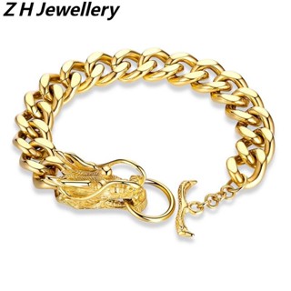 [Z H Jewelry] สร้อยข้อมือ สเตนเลส 18K ลายมังกร สไตล์ฮิปฮอป ร็อค เรโทร 19 ซม.~21 ซม. เครื่องประดับแฟชั่น สําหรับผู้ชาย