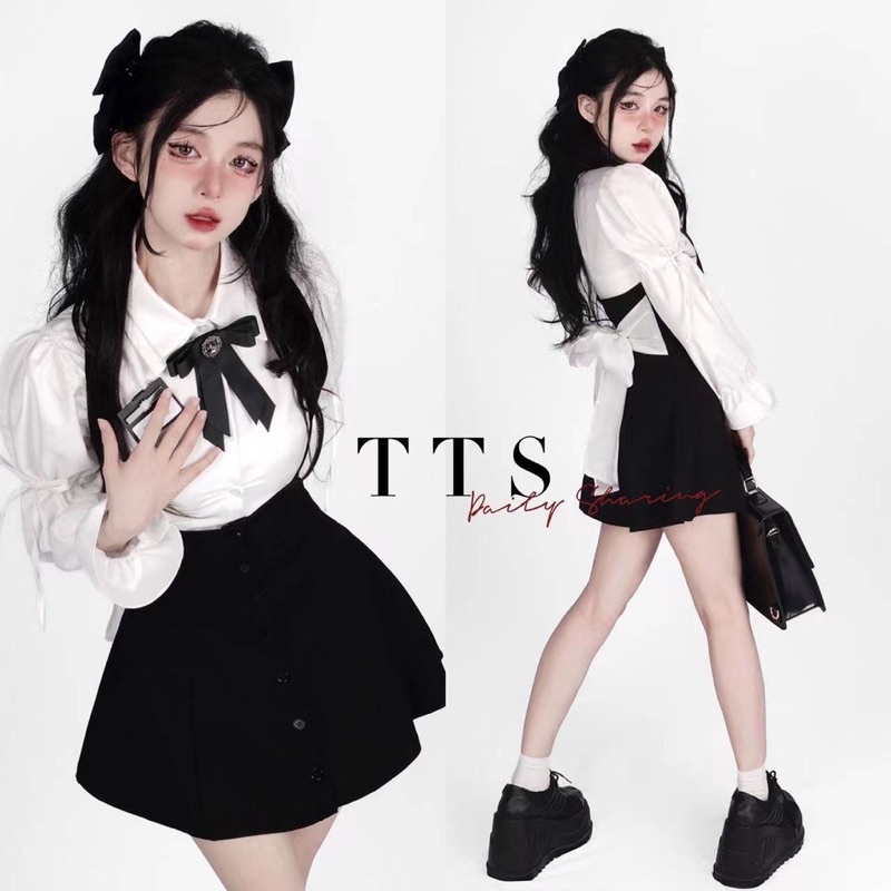 TTS จัดส่งวันนี้🔥🌺เสื้อเชิ้ตแขนยาวคอโปโลสีขาวหวาน ➕ สายเอี๊ยมสีดำ กระโปรงเอ เซ็ต 4 ชิ้น (รวมเนคไทตรา