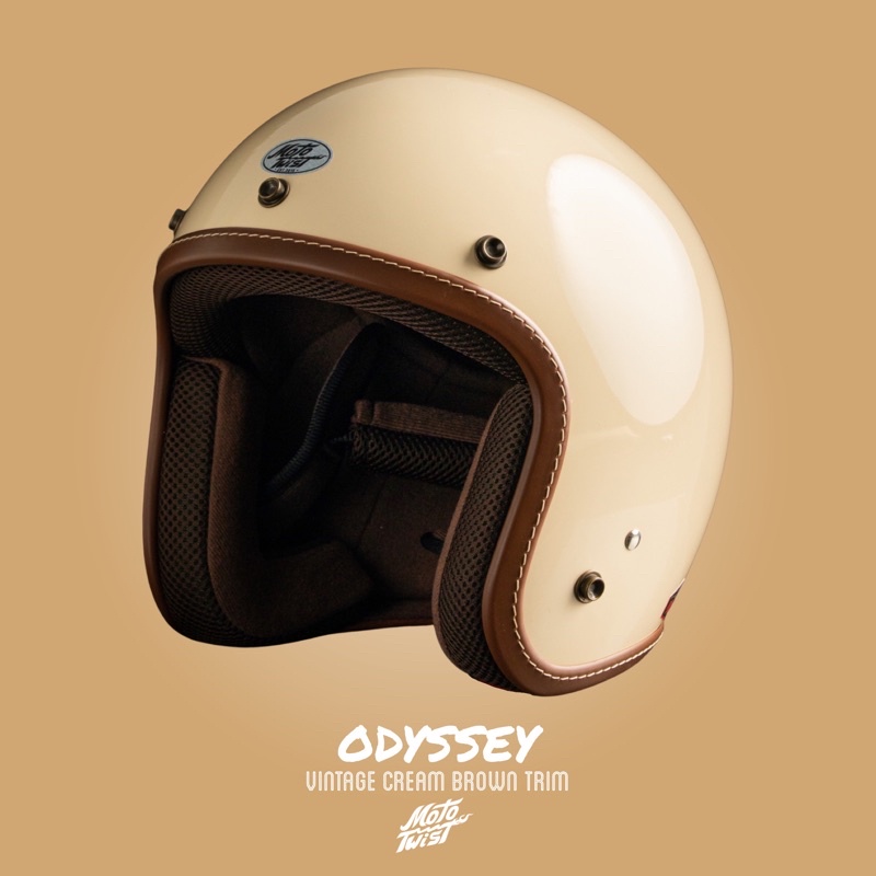 MOTOTWIST ODYSSEY สีครีม ขอบน้ำตาล หมวกกันน็อคคุณภาพกระดุมทองเหลืองไม่ขึ้นสนิม!