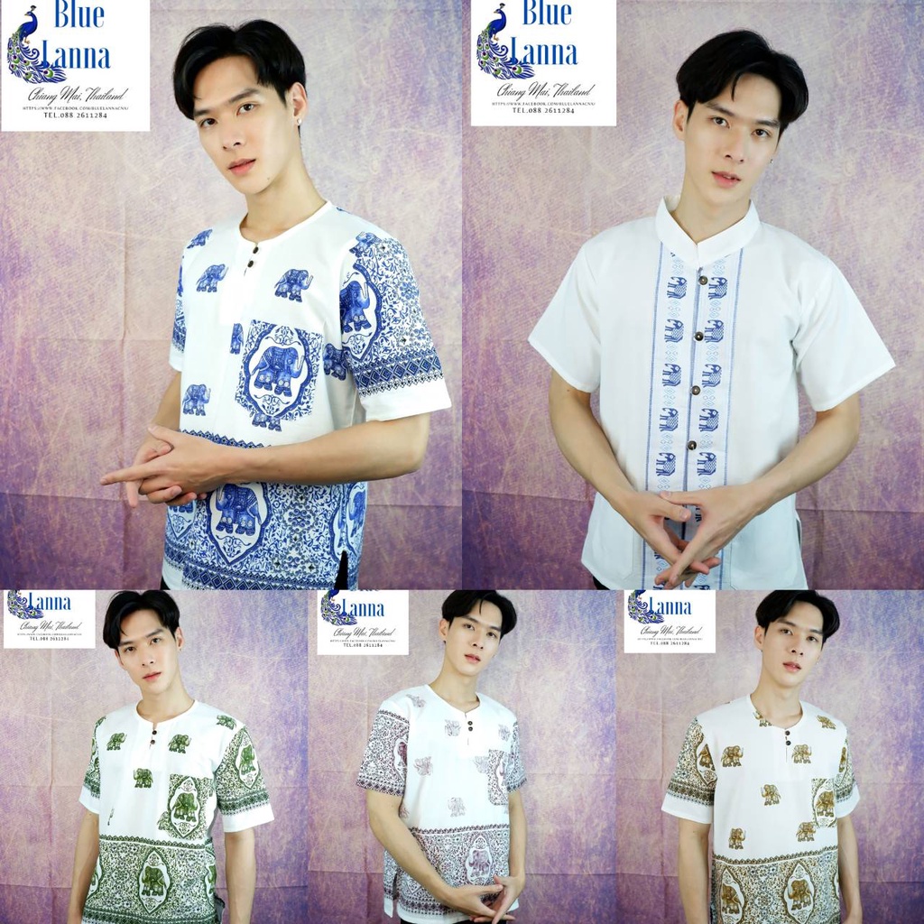 เสื้อผ้าฝ้ายผู้ชายคอกลมพื้นขาวแต่งลายช้าง