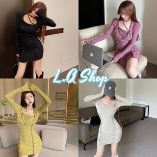 L.A Shop พร้อมส่ง ชุดเดรสไหมพรม แขนยาว ผ้านิ่มดีเทลเปิดหน้าเล็กๆน่ารักมาก "M5610-1"