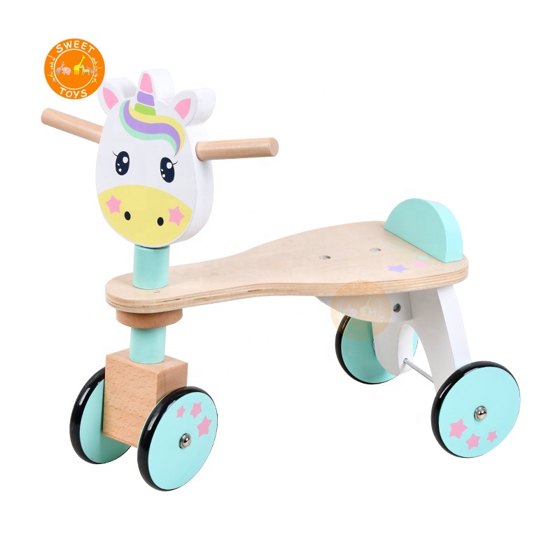 Toddler Wooden Balance Bike With 4 Wheels Cute Baby Wooden Tricycles
