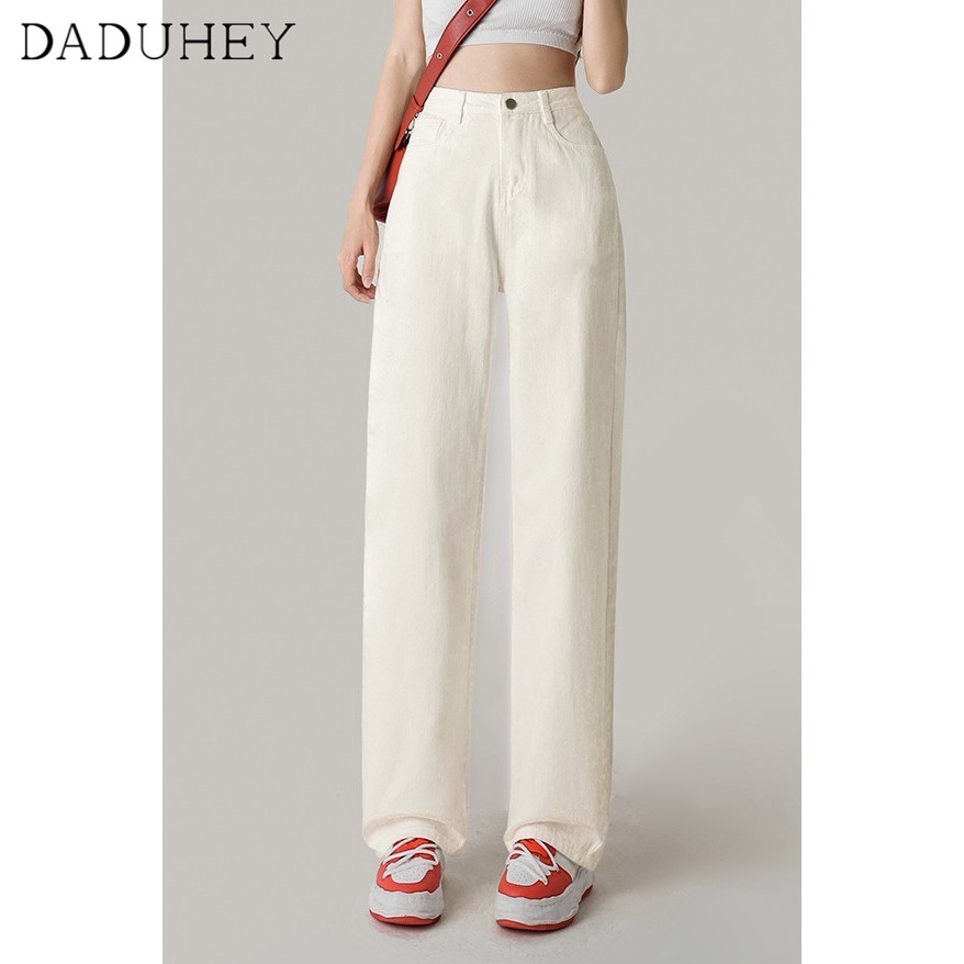 DaDuHey💕 Women's  Beige Korean Style  Early Spring New Fashion High Waist Loose Wide-Leg Jeans Dropping Straight Mop Pants