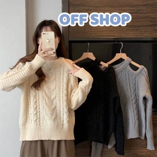 OFF SHOP พร้อมส่ง (OFF-73242) เสื้อถักไหมพรมแขนยาว กันหนาว ดีเทล เปิดไหล่1ข้าง