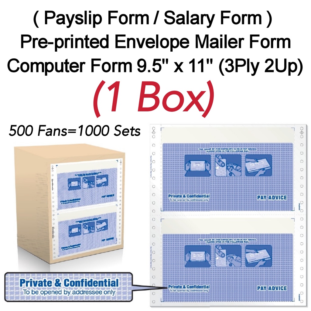 Paylip Salary COMPUTER FORM Pre-Printed Envelope Mailer 9.5" x 11"- 3 Ply 2 up NCR 500 Fans (1000 ชุ