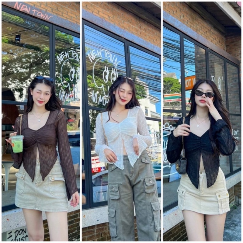 ARPA เสื้อครอปแขนยาว เสื้อครอปสายฝอ (สินค้าเข้าจำนวนจำกัด) เสื้อครอปงานซีทรู ป้าย SHEENy.
