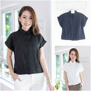 Narinari : NT2388 Striped Crop Shirt เสื้อทำงาน (ใช้โค้ด NARISP9 ลดทันที 65.- เมื่อช็อปครบ 500.-)