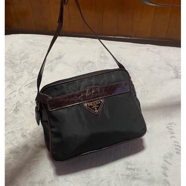 Prada Black Nylon small crossbody bag with Brown 🐊Embossed Leather ของแท้ มือสอง แบรนด์เนม ปราด้า พราด้า