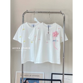 AVIVA STUDIO 🌸 เสื้อยืดงานปัก3D ดอกไม้ เขียว/ชมพู