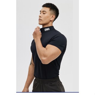 OMG tide brand small high collar nylon fitness clothes mens quick-drying elastic tight top sports short-sleeved trainin