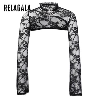 Relagala เสื้อยืดแขนยาว คอปก ผ้าเชียร์ แต่งลูกไม้ เซ็กซี่ แฟชั่นสําหรับสตรี