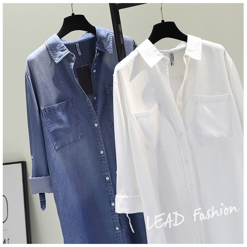 【M-5XL】ใหม่ เสื้อเชิ้ตยีน คอปก แขนยาว ทรงหลวม สองกระเป๋า สําหรับผู้หญิง