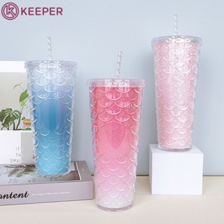 710Ml/24Oz ใหม่เกล็ดปลาถ้วยสองชั้นถ้วยฟางพลาสติกของขวัญคริสต์มาส【 Keeper】