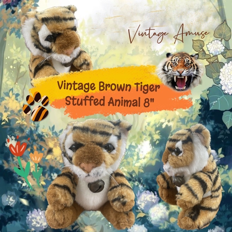 ตุ๊กตาเสือโคร่ง ท่านั่ง งานวินเทจ Amuse ป้ายรุ่นเก่า ป้ายจางนิดหน่อย Vintage Amuse Brown Tiger Stuff