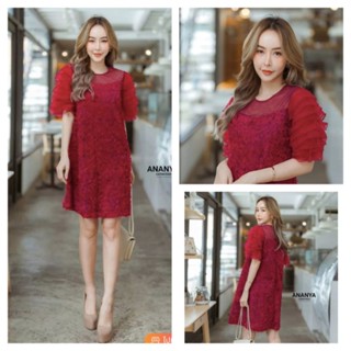 Christmas Red Dress S M L XL เดรสสีแดง คริสต์มาส เดรสออกงาน ดอก 3D เดรสสั้น แขนระบายชั้นๆ ชุดงานแต่ง สวนดอกไม้