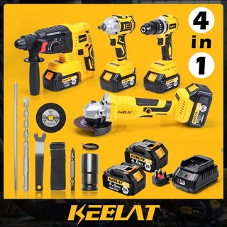 KEELAT 4-in-1 Brushless Cordless Impact Wrench Impact Drill Hammer Drill Angle Grinder Same Battery in One Box Tool Set