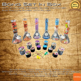 Bong Set in Box 8Inch with 50 mm 4 Layers Grinder, 65x50 mm Glass Container, and Rolling Paper with Filter - RAW Variety