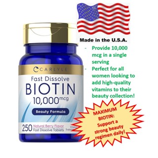 Biotin 10000mcg | 250 Fast Dissolve Tablets | Max Strength | Vegetarian, Non-GMO, Gluten Free Supplement | by Carlyle