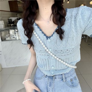 ✑◈◑กลวงถักแขนสั้นเสื้อยืดที่สวยงามของผู้หญิงฤดูร้อนบางคาร์ดิแกนสั้นคอวีท็อปส์ซูลดอายุสไตล์ตะวันตกเสื้อตัวเล็กหวาน