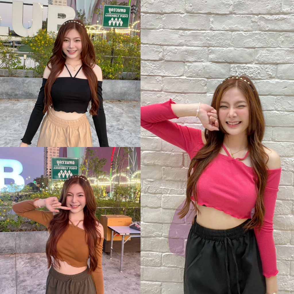 🌈 SpinnyHouse 🌈 เสื้อปาดไหล่ ไขว้คอ แขนยาว 🌈เปิดไหล่ เสื้อสายฝอ🌈 คล้องคอ งานฮิต  รุ่น ไมโคร อะตอม บับเบิ้ลแขนยาว
