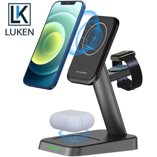 Luken แท่นชาร์จแม่เหล็กไร้สาย 15W 3 In 1 ชาร์จเร็ว สําหรับ iP14 13 12 Pro Max Mini Airp App Watch 7 6 5 4 3 Stand